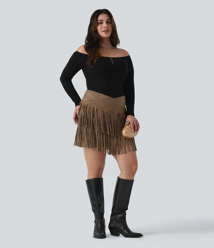 Plus Size High Waisted Crossover 2-in-1 Fringe Bodycon Suede Mini Party Skirt
