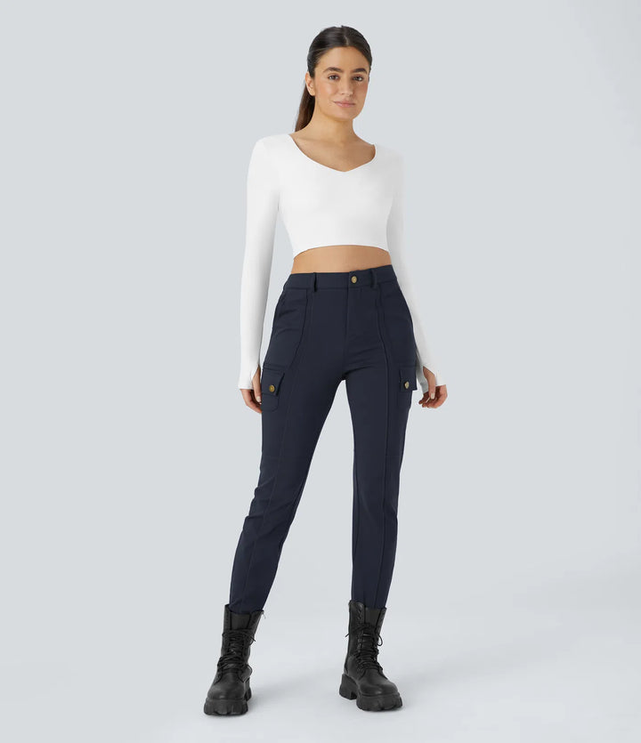 DayStretch High Waisted Zipper Pockets Solid Skinny Hiking Cargo Trousers
