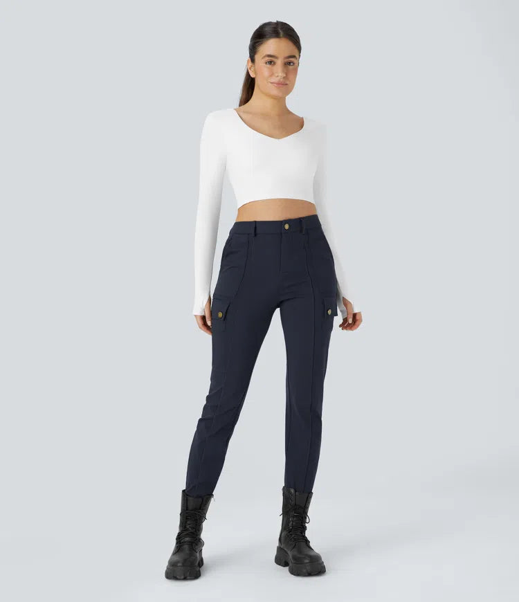 DayStretch High Waisted Zipper Pockets Solid Skinny Hiking Cargo Trousers