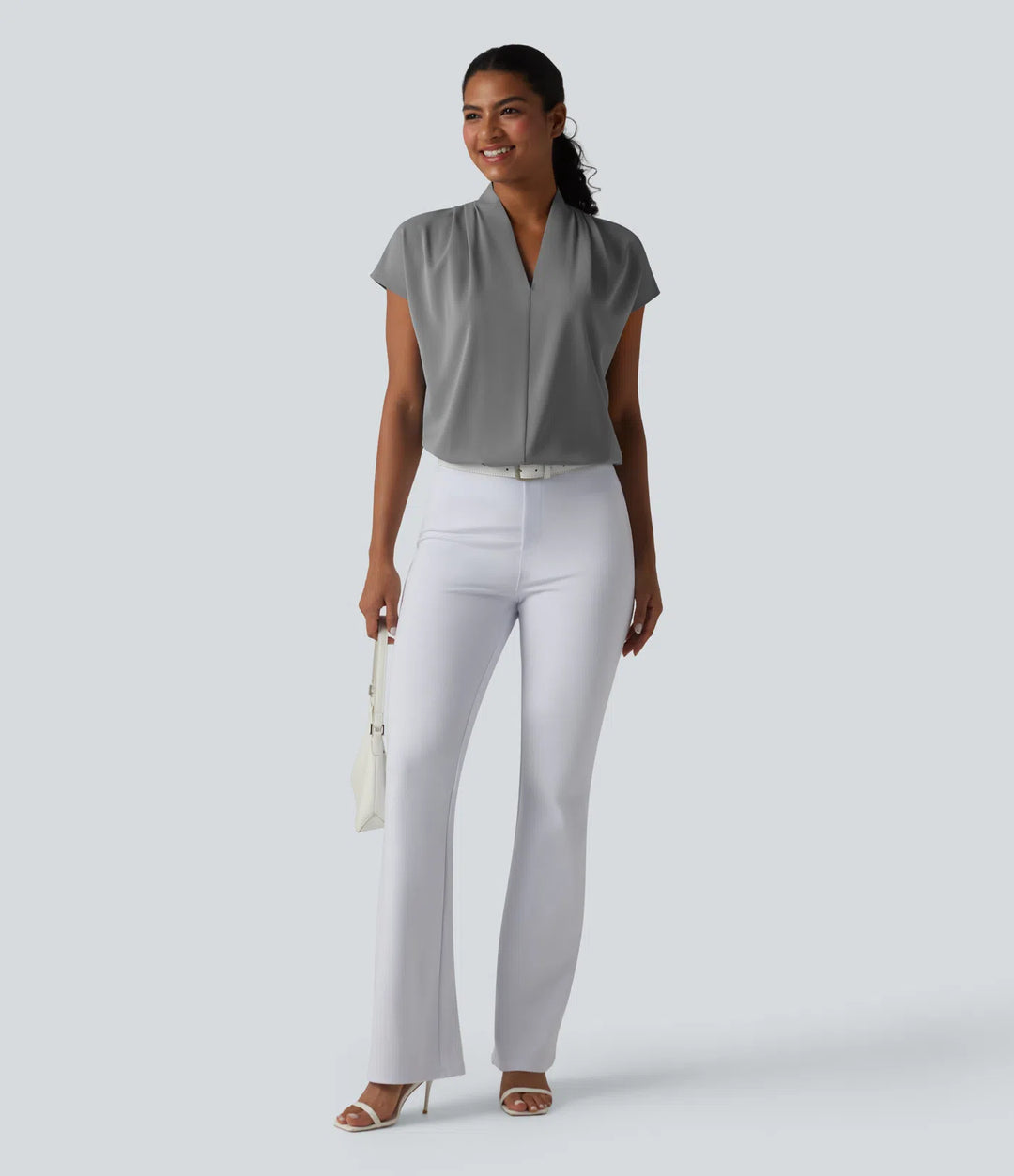 Wrinkle Recovery V-neck Batwing Sleeve Loose Fit Work Blouse