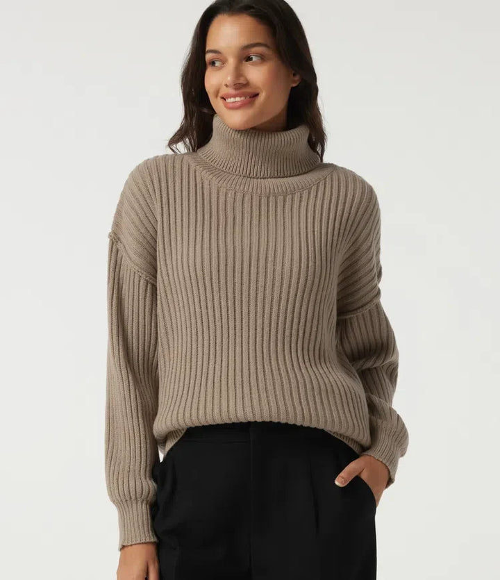 High Neck Long Sleeve Dropped Shoulder Casual Wool-Blend Jumper