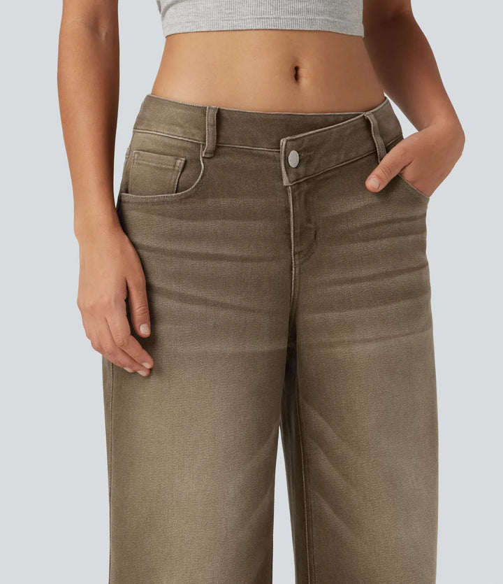 Low Rise Asymmetric Wide Leg colourful Casual Jeans with Pockets