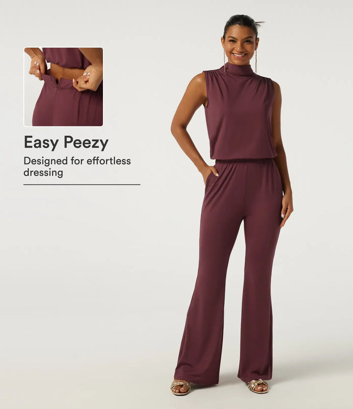 Mock Neck Sleeveless Flare Keyhole Back Party Jumpsuit with Pockets - Easy Peezy Edition