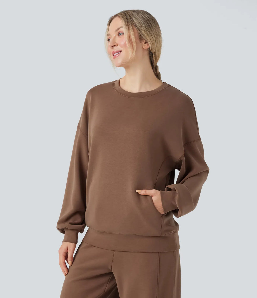 SpacerTek Round Neck Long Sleeve Crossover Back Casual Sweatshirt with Pockets