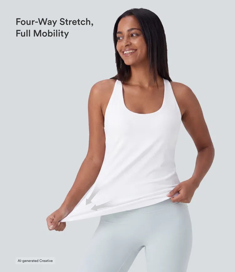U Neck Built-in Bra Curved Hem Cool Touch Yoga Tank Top-UPF50+