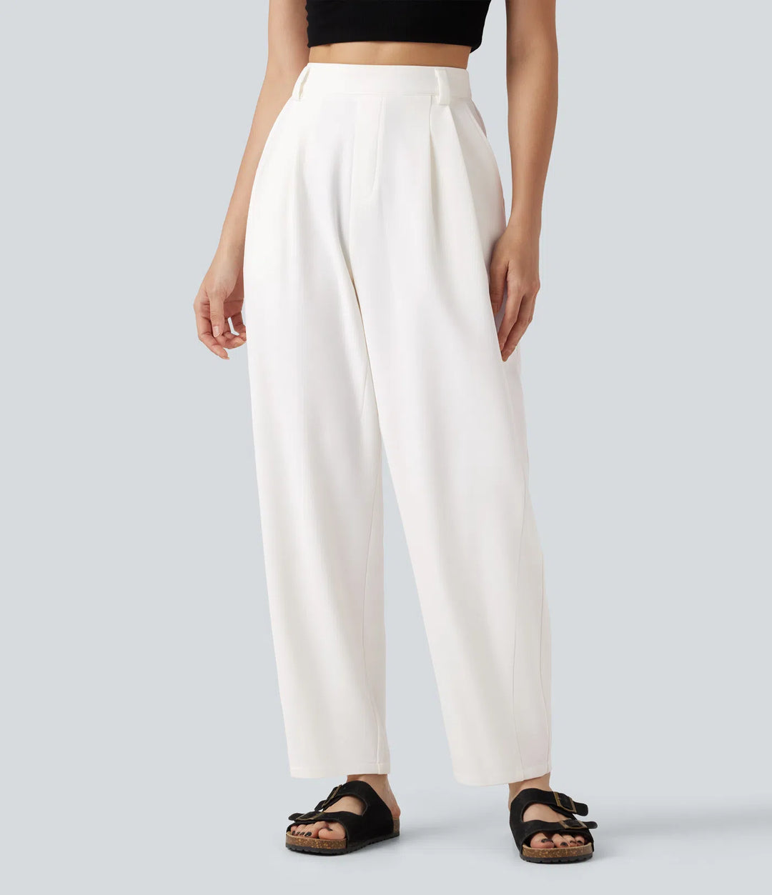 High-waisted Barrel Leg Baggy Work Trousers with Pockets