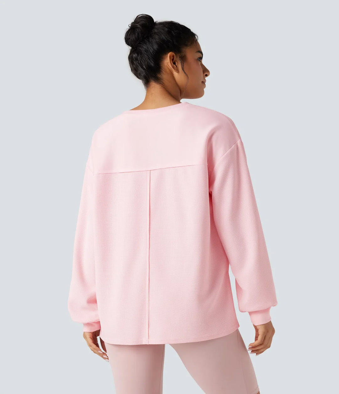 Round Neck Long Sleeve Split Hem Waffle Oversized Casual Sweatshirt with Pockets