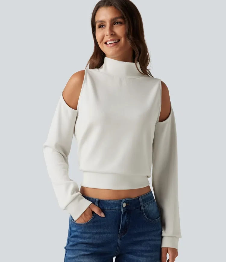 Mock Neck Cold Shoulder Long Sleeve Casual Sweatshirt
