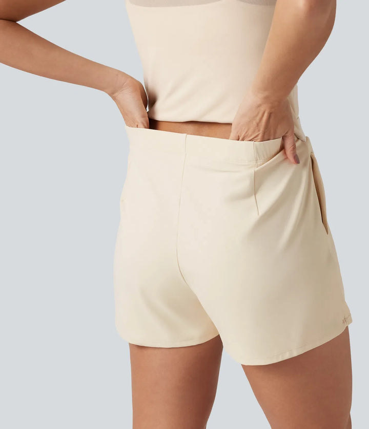 SoftlyZero Plush Boat Neck Built-in Bra Contrast Mesh Short Sleeve Party Romper with Pockets-Easy Peezy Edition