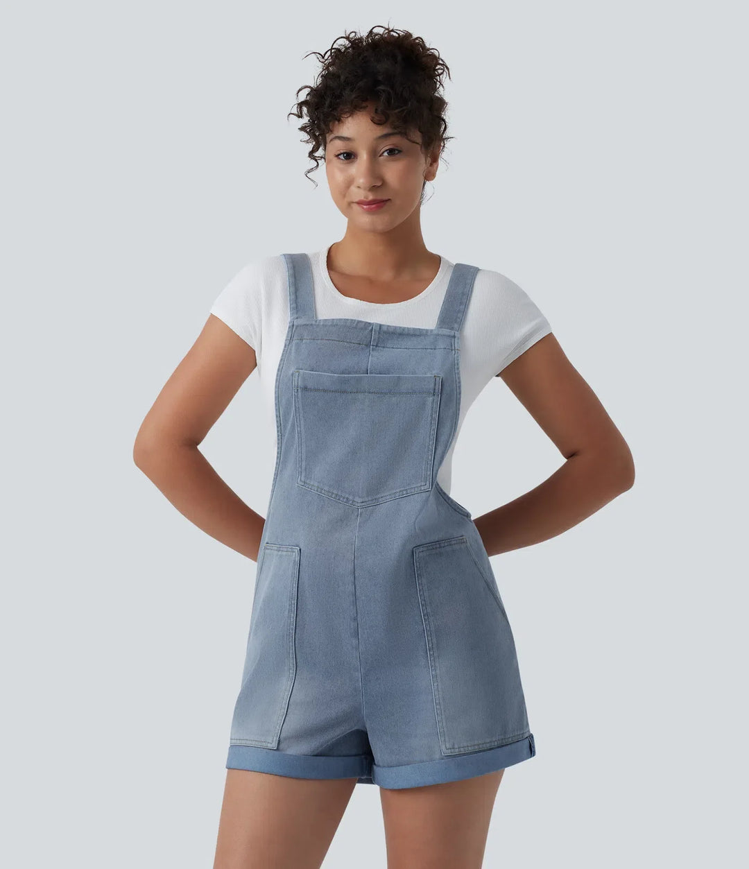 Halara Flex Square Neck Rolled Hem Denim Casual Short Overalls with Pockets