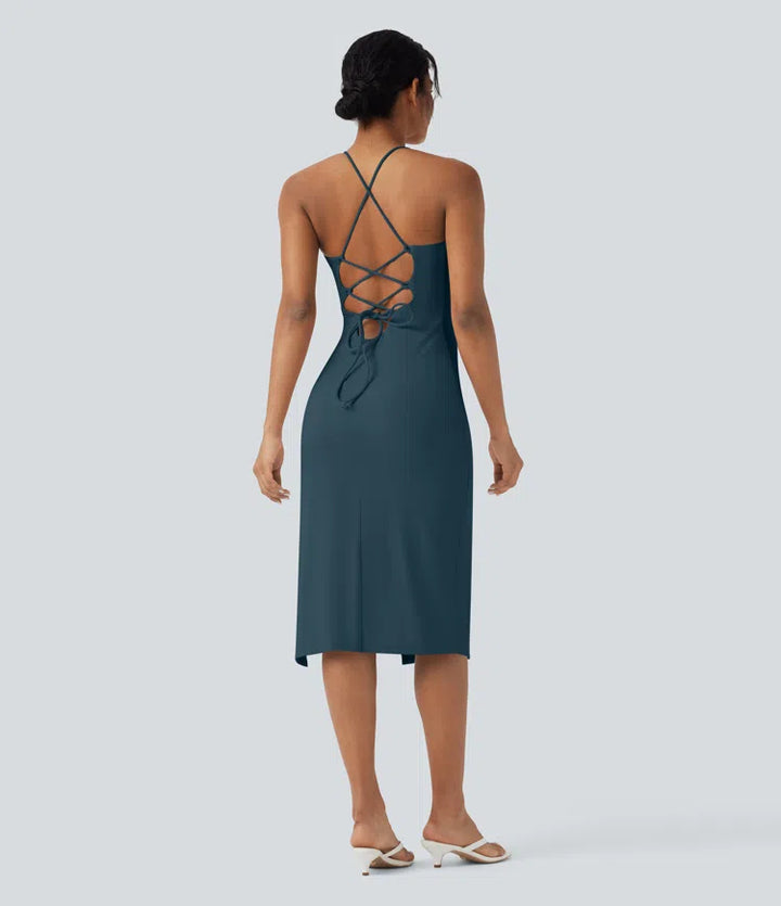 SoftlyZero Airy Crossover Ruched Lace Up Bodycon InstantCool Dress DD-F Cups