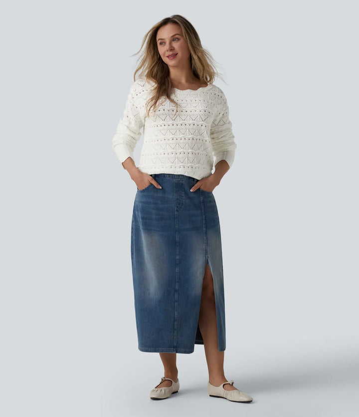 Boat Neck Long Sleeve Open Knit Casual Jumper