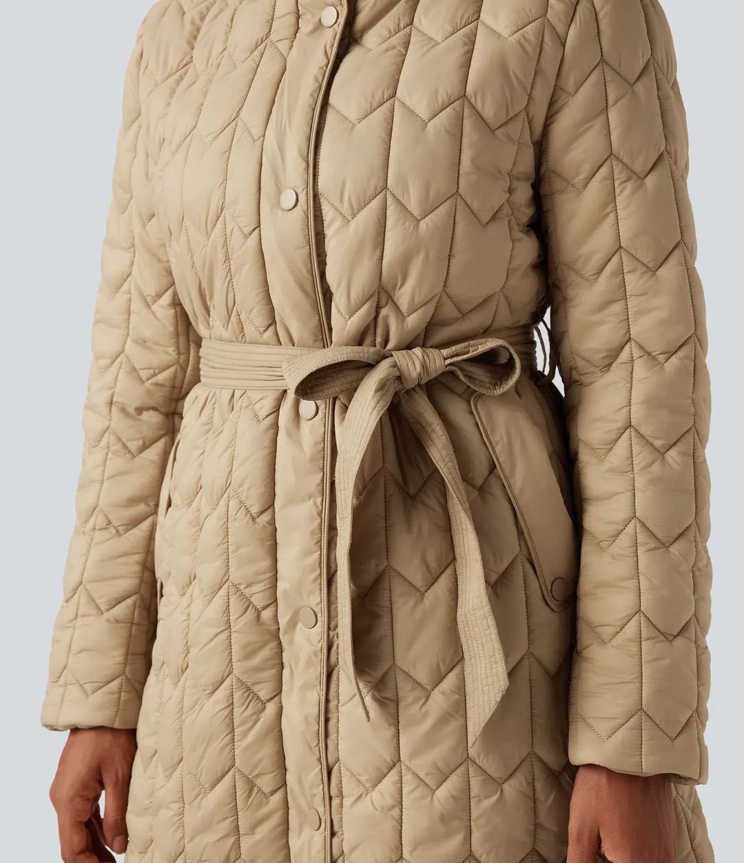 Hooded Belted Longline Casual Quilted Jacket with Pockets