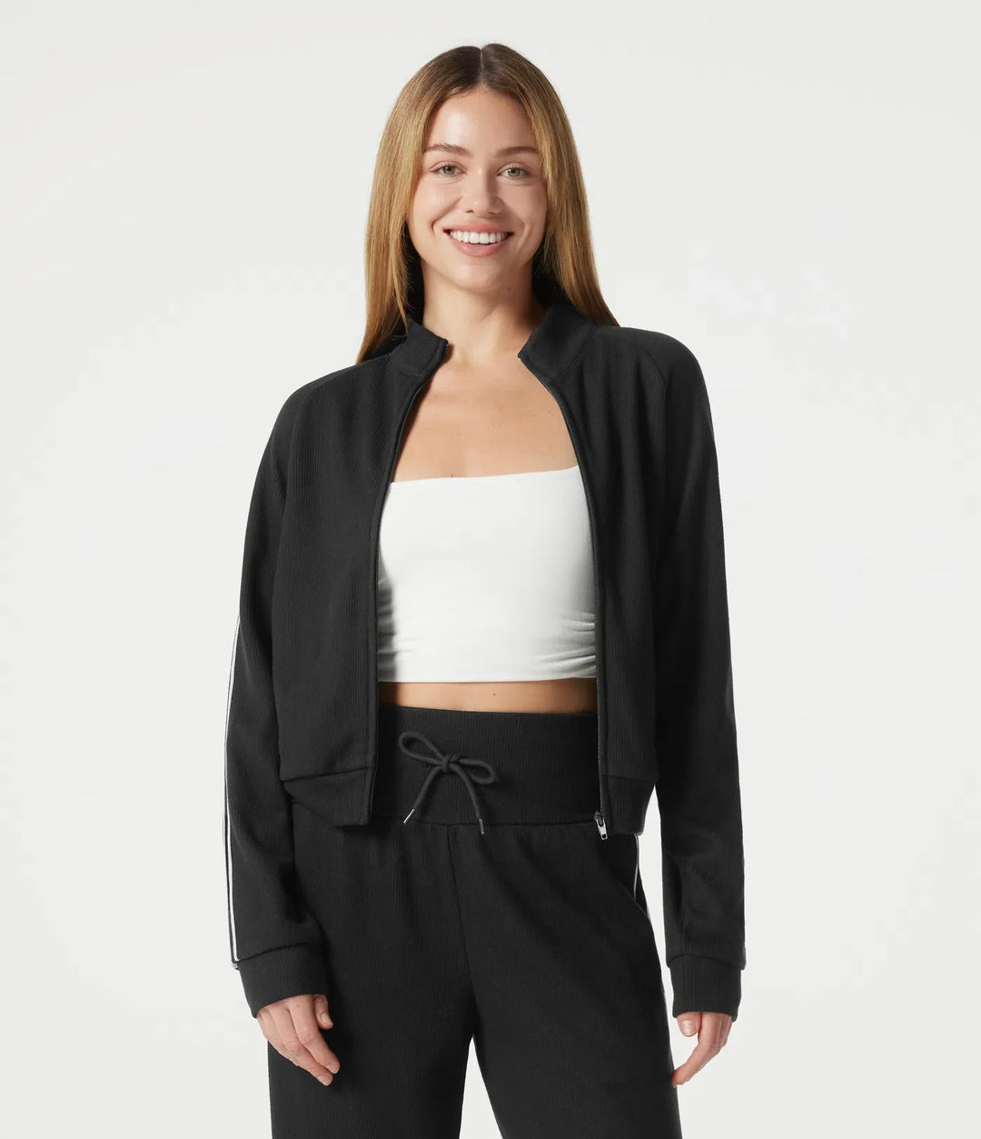 Ribbed Stand Collar Zipper Long Sleeve Color Block Casual Jacket with Pockets