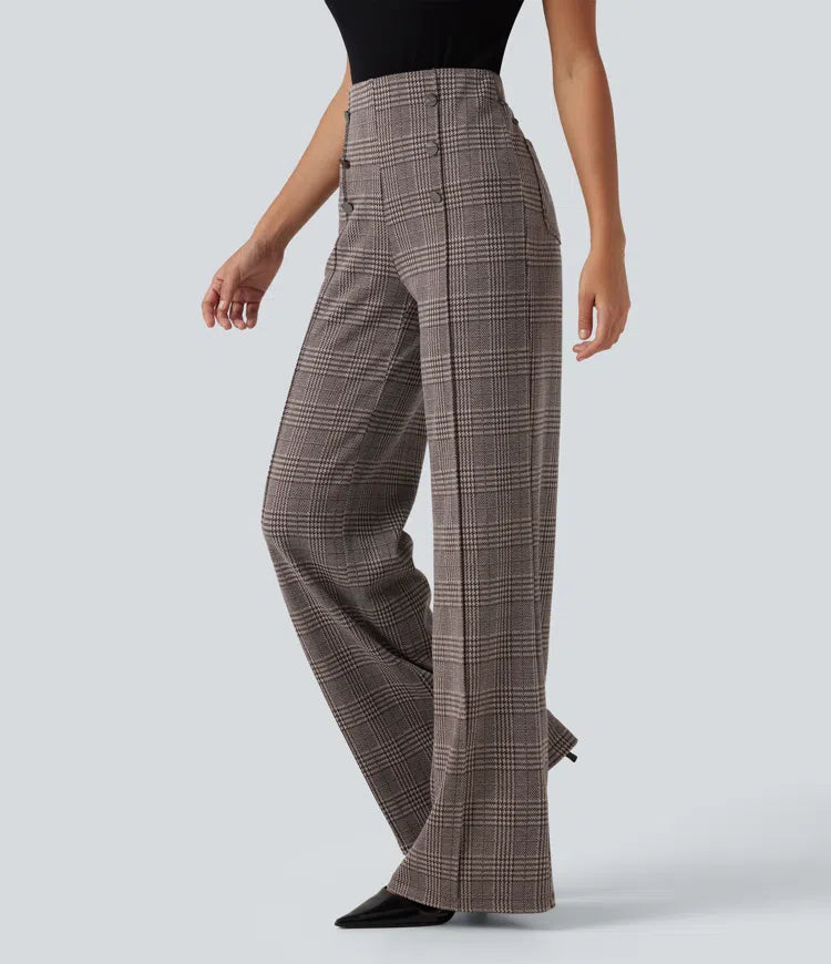 High Waisted Wide Leg Plaid Casual Trousers with Pockets