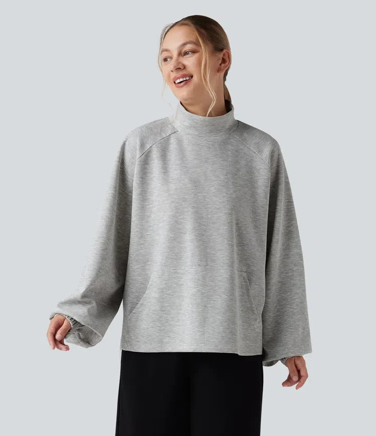 Mock Neck Long Sleeve High Low Casual Sweatshirt with Pocket
