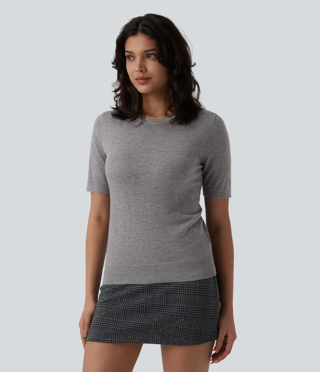 Round Neck Short Sleeve Slim Work Silk-Wool Blend Jumper
