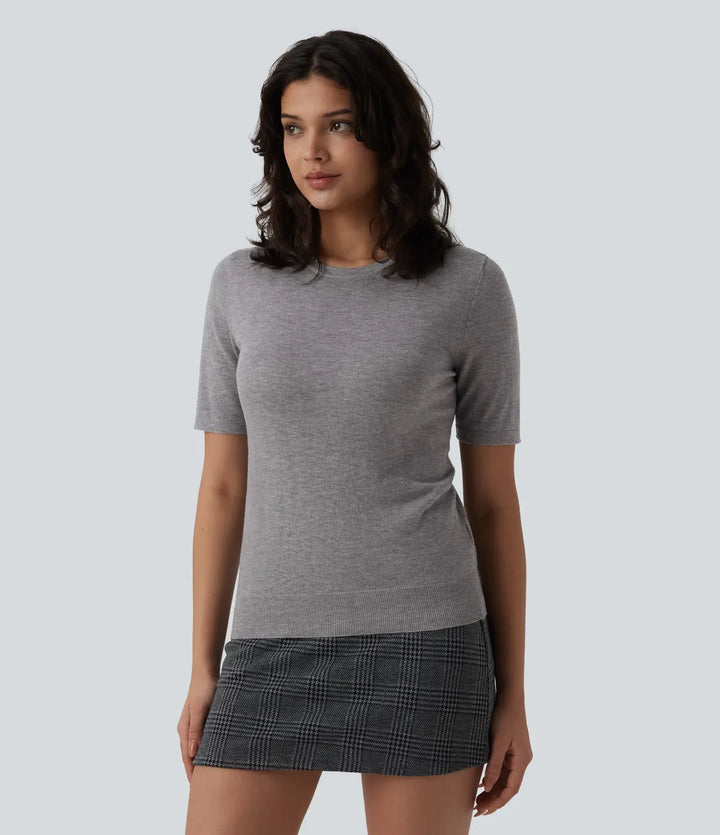 Round Neck Short Sleeve Slim Work Silk-Wool Blend Jumper