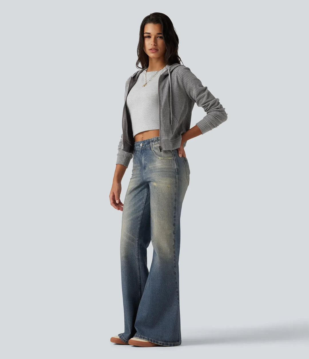 Mid Rise Denim Print Casual Flare Jeans with Pockets