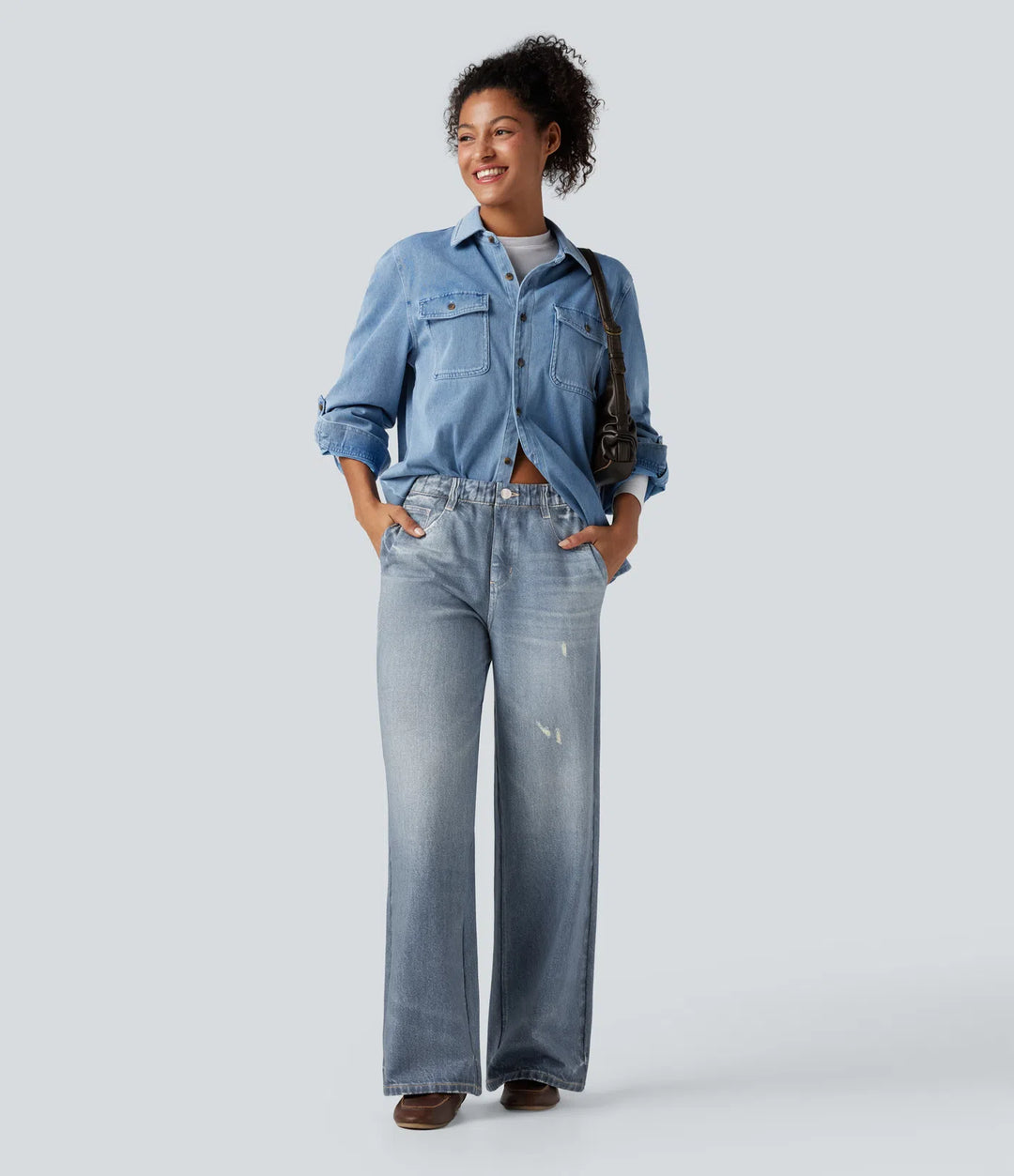 Mid Rise Denim Print French Terry Casual Sweattrousers Jeans with Pockets