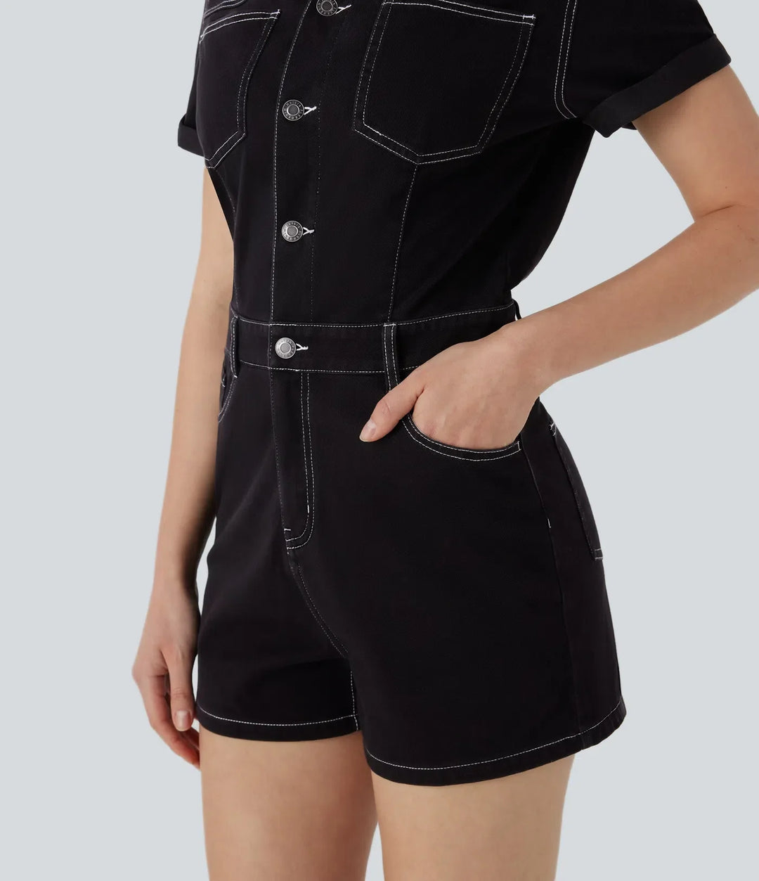 Halara Flex Short Sleeve Washed Denim Casual Utility Romper with Pockets