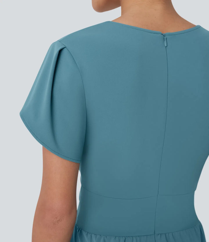 Breezeful V Neck Petal Sleeve Pocket Wide Leg Flowy Quick Dry Work Jumpsuit