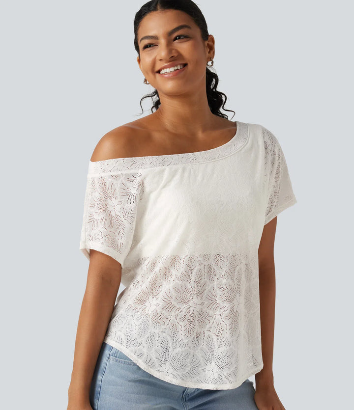 One Shoulder Short Sleeve Built-in Bra Curved Hem High Low Lace Casual Top