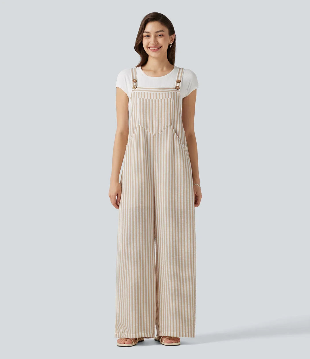 Stripe Casual Linen-Feel Overalls with Pockets