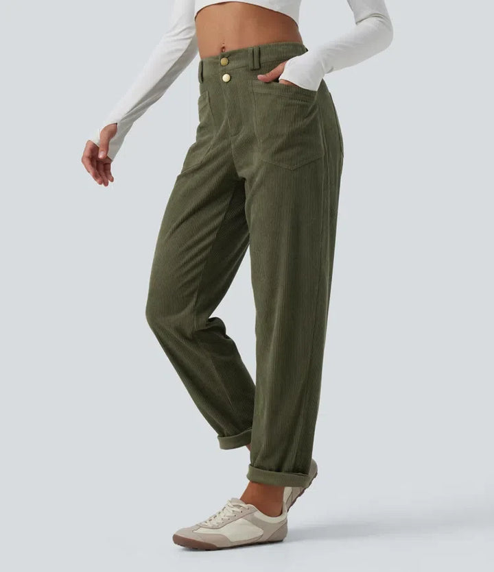 Mid Rise Tapered Corduroy Casual Trousers with Pockets