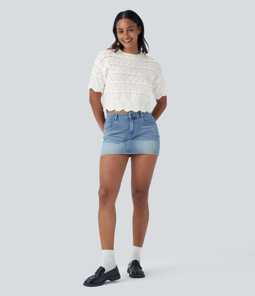 Round Neck Short Sleeve Scallop Hem Open Knit Casual Jumper