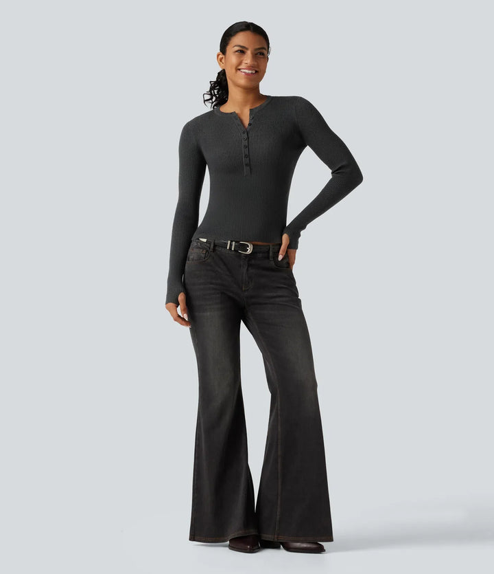 Henley Neck Long Sleeve Thumb Hole Work Wool-Blend Jumper