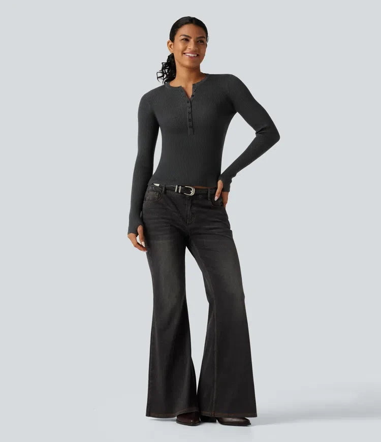 Henley Neck Long Sleeve Thumb Hole Work Wool-Blend Jumper