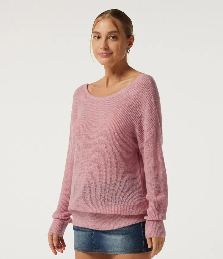 One Shoulder Crisscross Back Dropped Long Sleeve Relaxed Casual Jumper