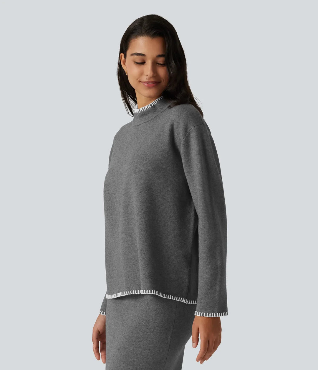 Stand Collar Long Sleeve Crochet Work Jumper
