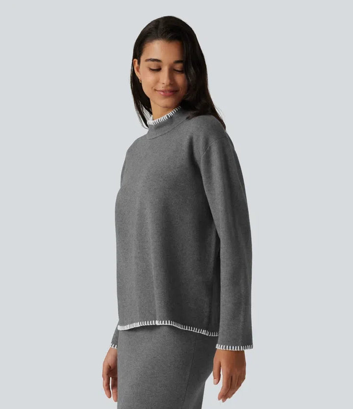Stand Collar Long Sleeve Crochet Work Jumper