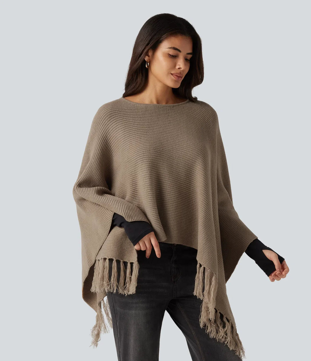 Boat Neck Fringe Poncho Cape Casual Jumper