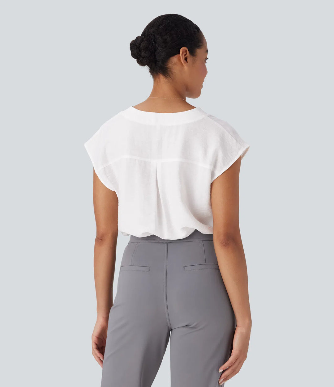 V Neck Cap Sleeve Decorative Button Work Blouse