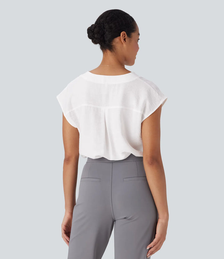 V Neck Cap Sleeve Decorative Button Work Blouse