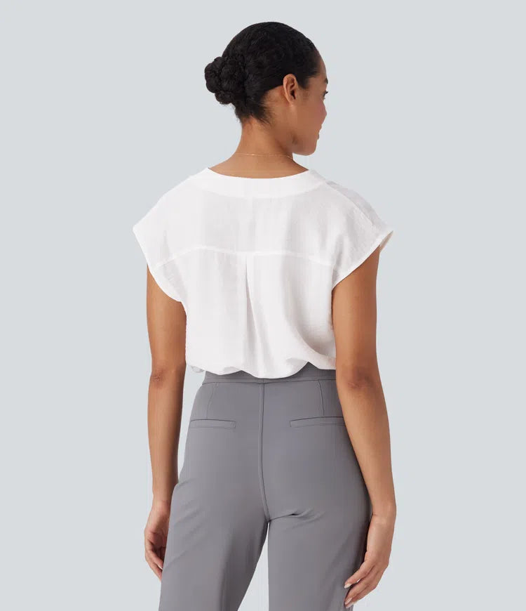 V Neck Cap Sleeve Decorative Button Work Blouse