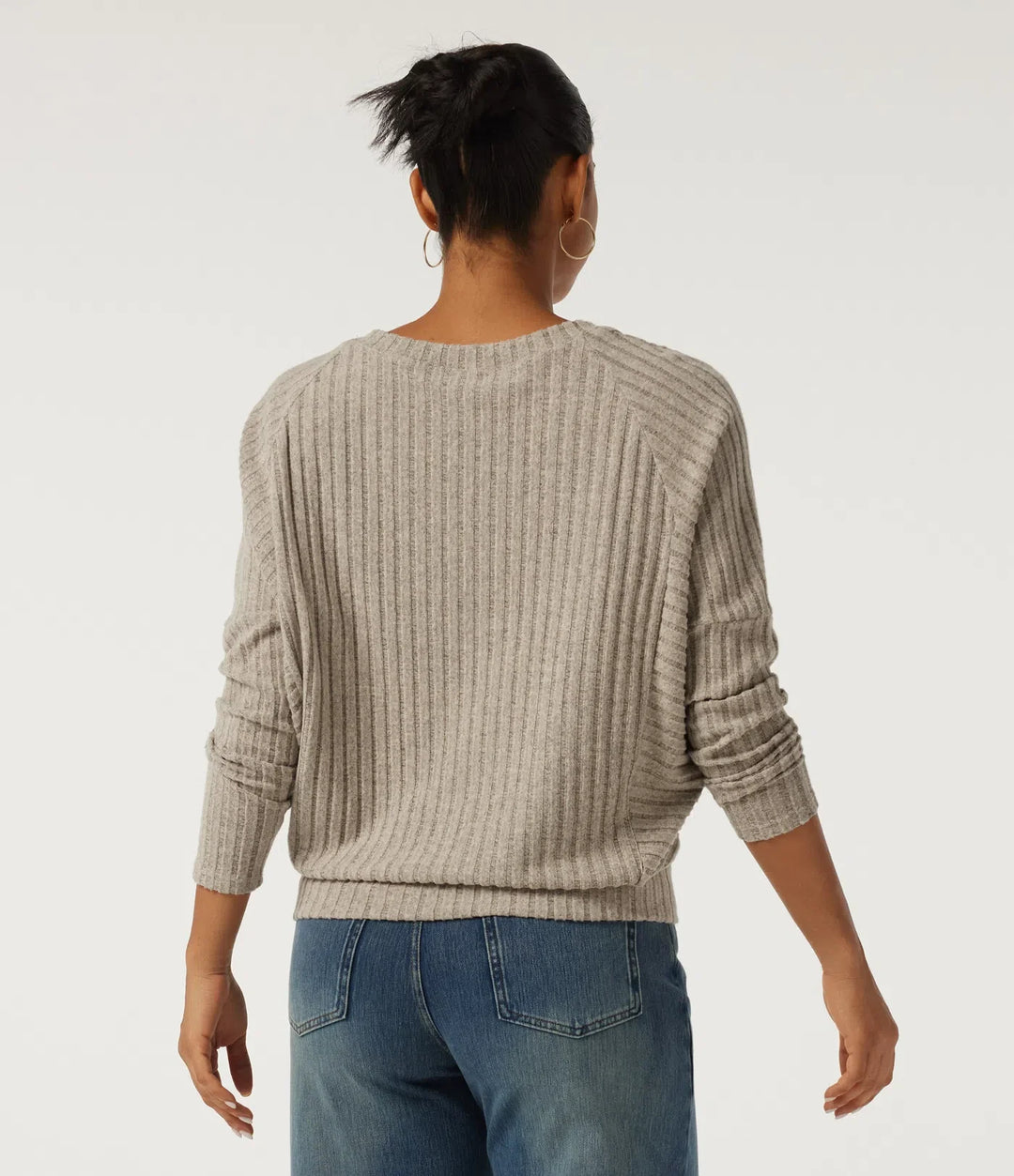Ribbed Knit V Neck Long Sleeve Casual Top