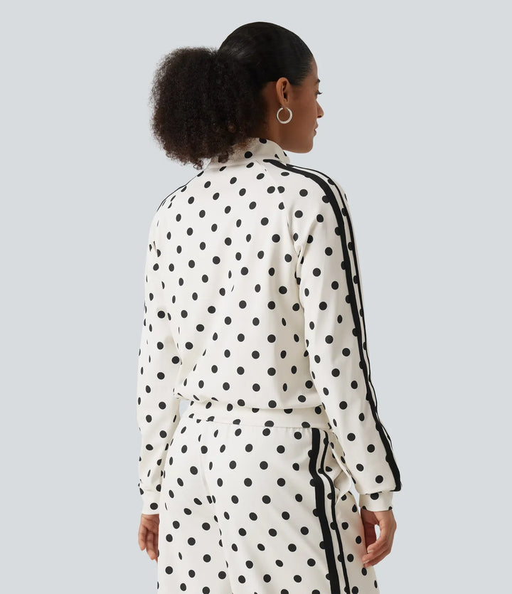 Stand Collar Polka Dot Side Stripe Casual Track Jacket with Pockets