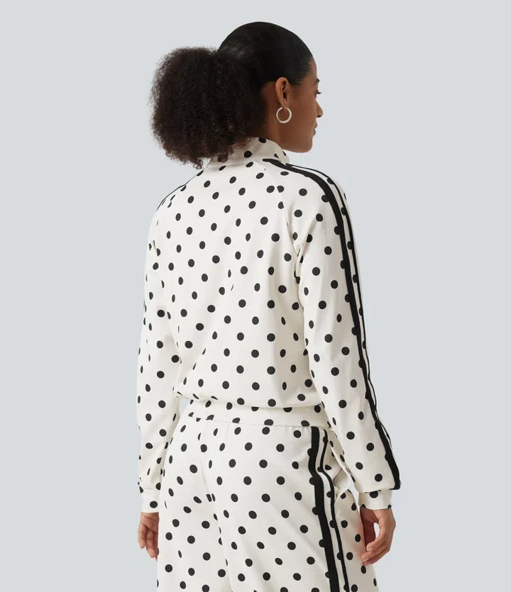 Stand Collar Polka Dot Side Stripe Casual Track Jacket with Pockets
