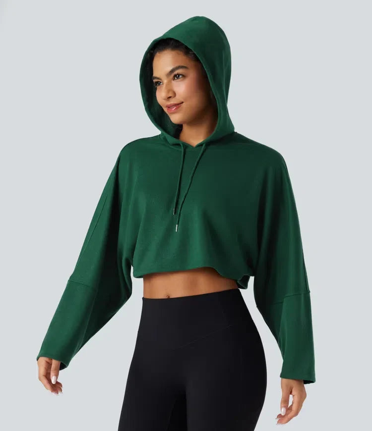 Hooded Dropped Shoulder Cropped Relaxed Casual Sweatshirt