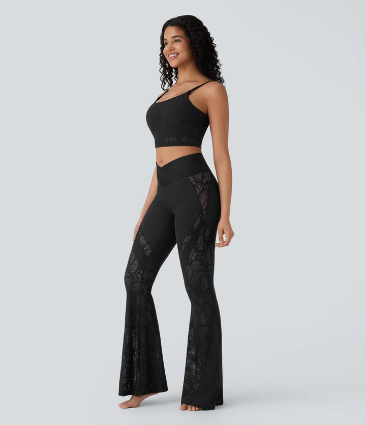 Softlyzero High Waisted Crossover Back Pocket Contrast Lace Flared Yoga Leggings