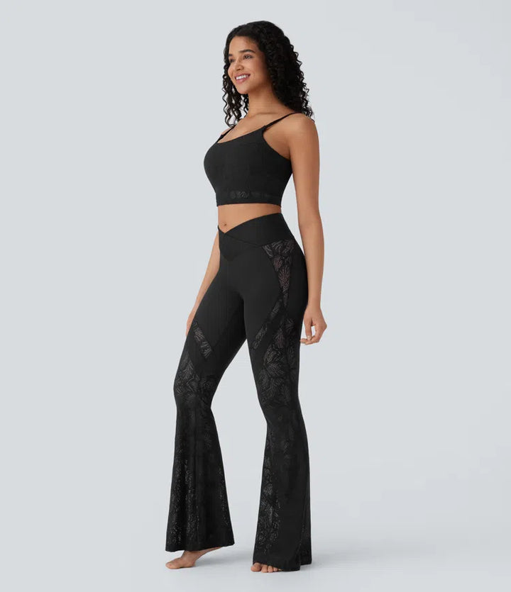 Softlyzero High Waisted Crossover Back Pocket Contrast Lace Flared Yoga Leggings