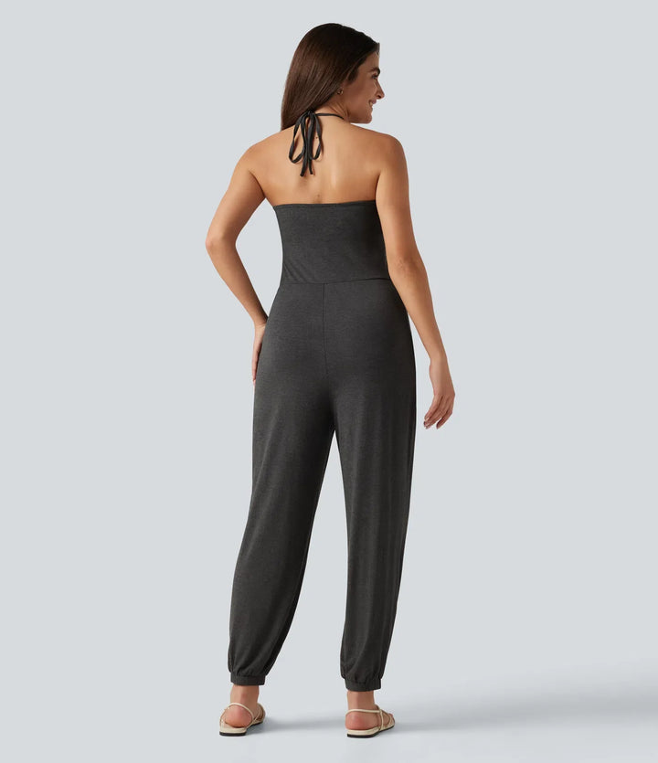 Halter Tie-back Built-in Bra Resort Tapered Jumpsuit with Pockets