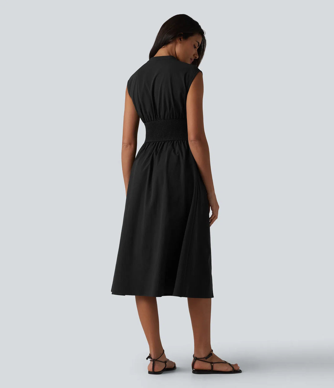 V Neck Sleeveless 2-Way Zipper Midi Work Dress with Pockets