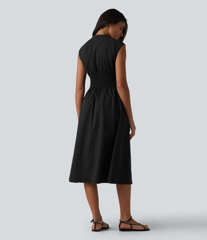 V Neck Sleeveless 2-Way Zipper Midi Work Dress with Pockets