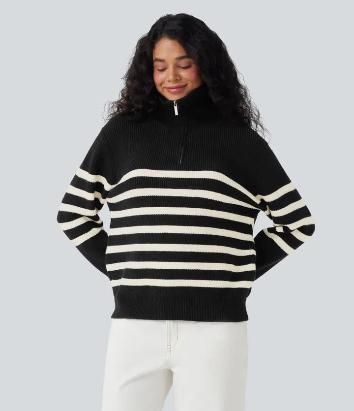 Half Zip Lapel Color Block Striped Casual Jumper