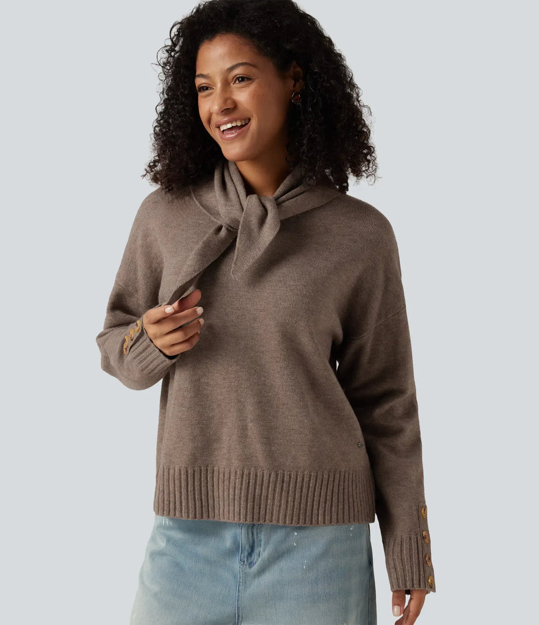 Round Neck Long Sleeve Casual Jumper with Scarf